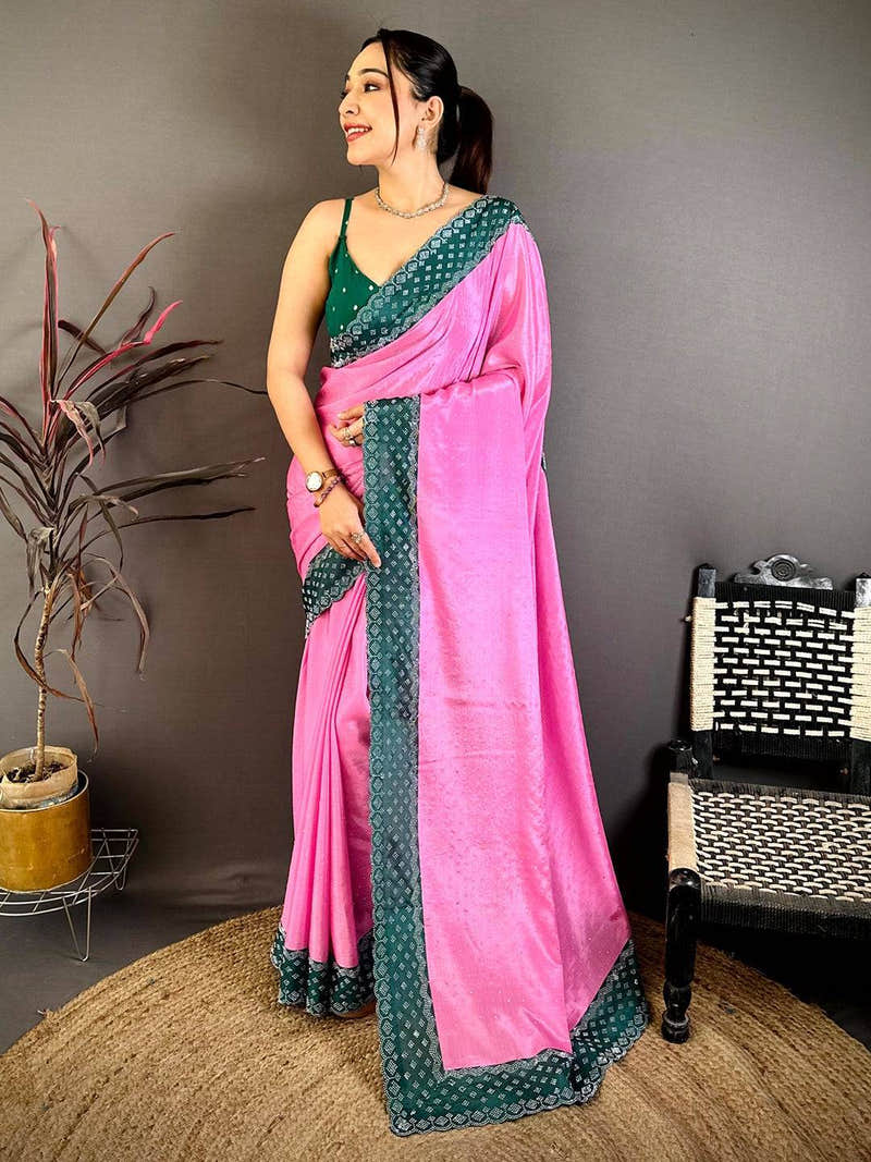 Rose Pink Poly Chiffon Diamond Stone Work Saree