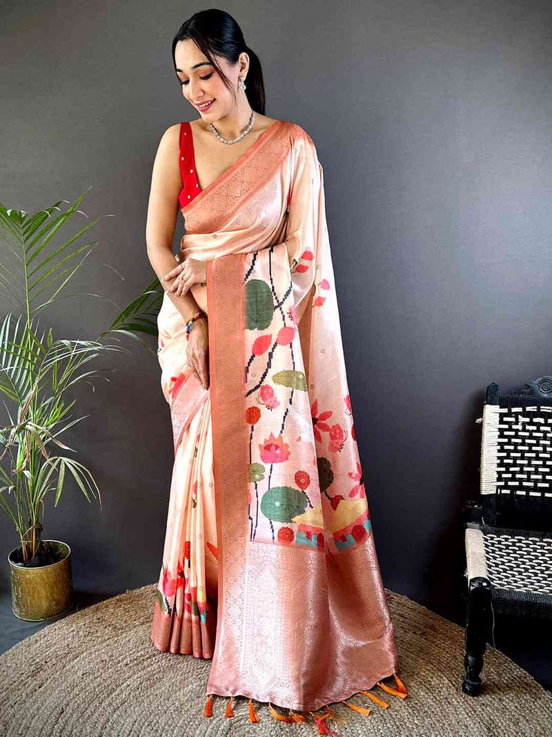 Peach Floral Gold Zari Slub Silk Saree