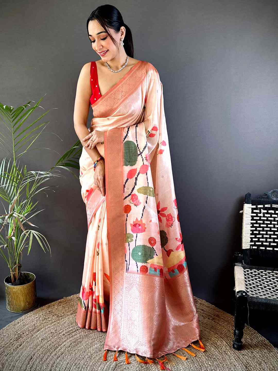 Peach Floral Gold Zari Slub Silk Saree