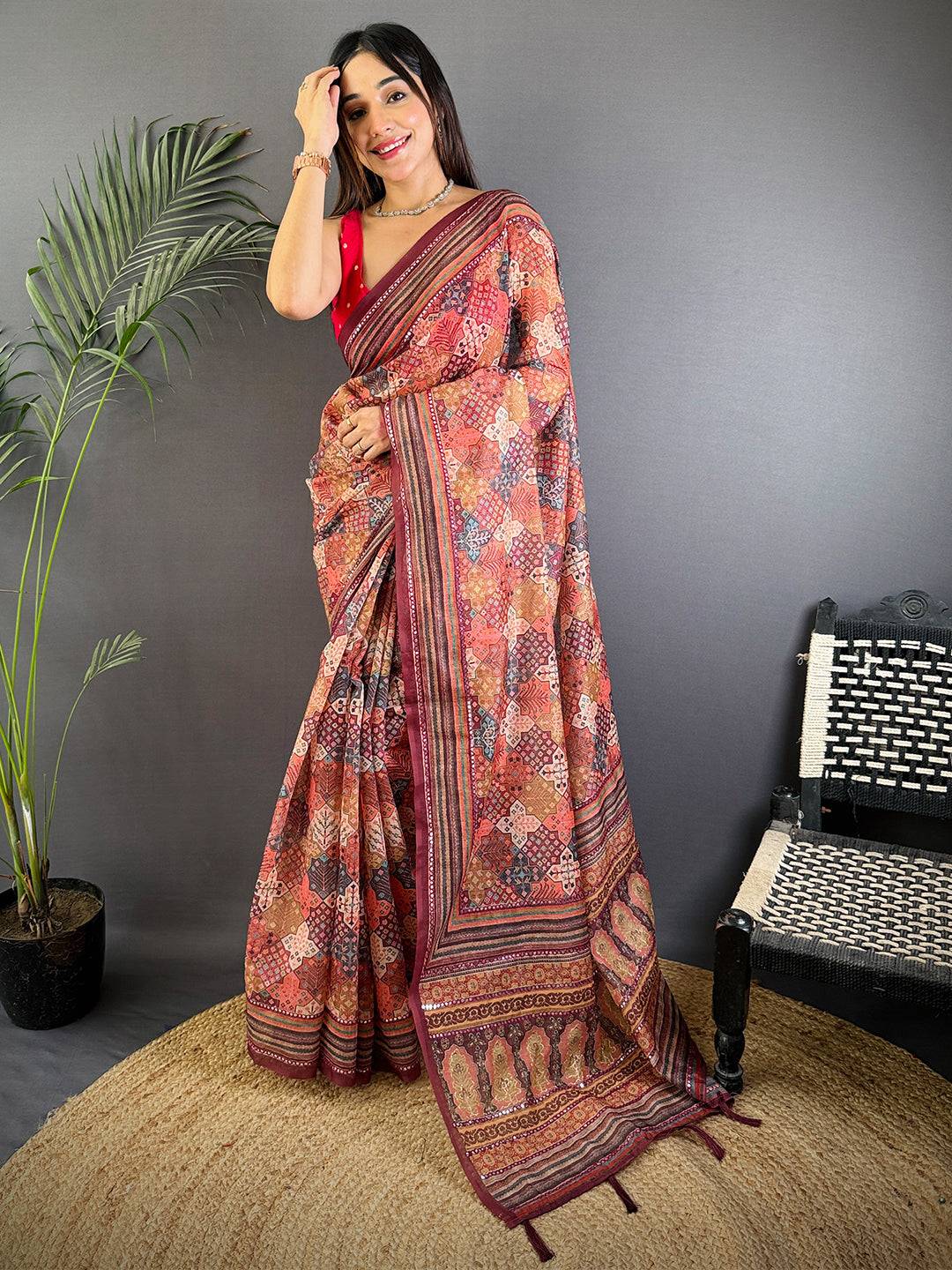 Rust Charm Mirror Work Silk Saree