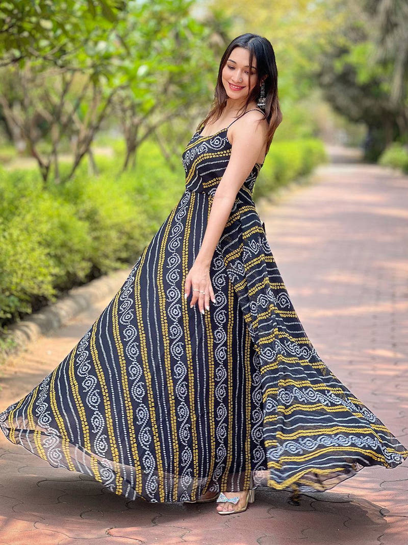 Stylish Raven Black Bandhej Dress with intricate patterns