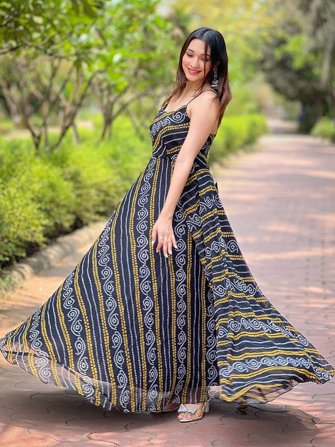 Stylish Raven Black Bandhej Dress with intricate patterns