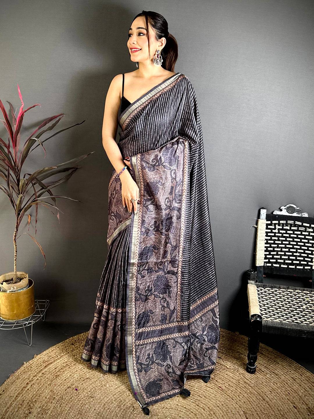 Charcoal Grey Digital Katha Work Saree