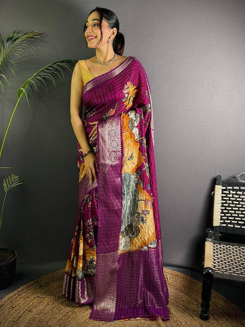 Purple Pure Viscose Kalamkari Print Saree