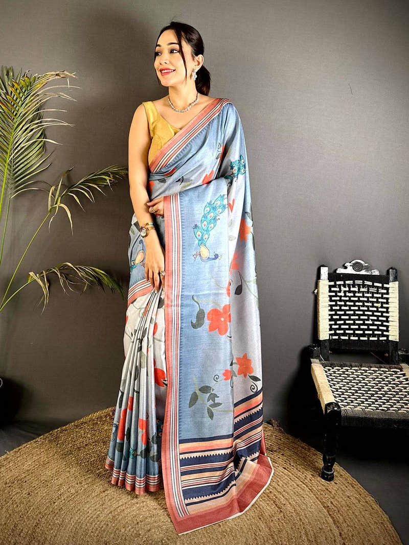 Sky Blue Floral Tussar Ikkat Border Saree