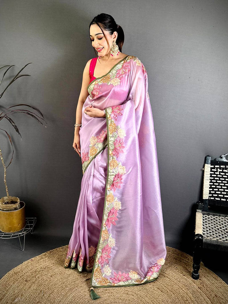 Purple Silky Tissue Resham Border Saree