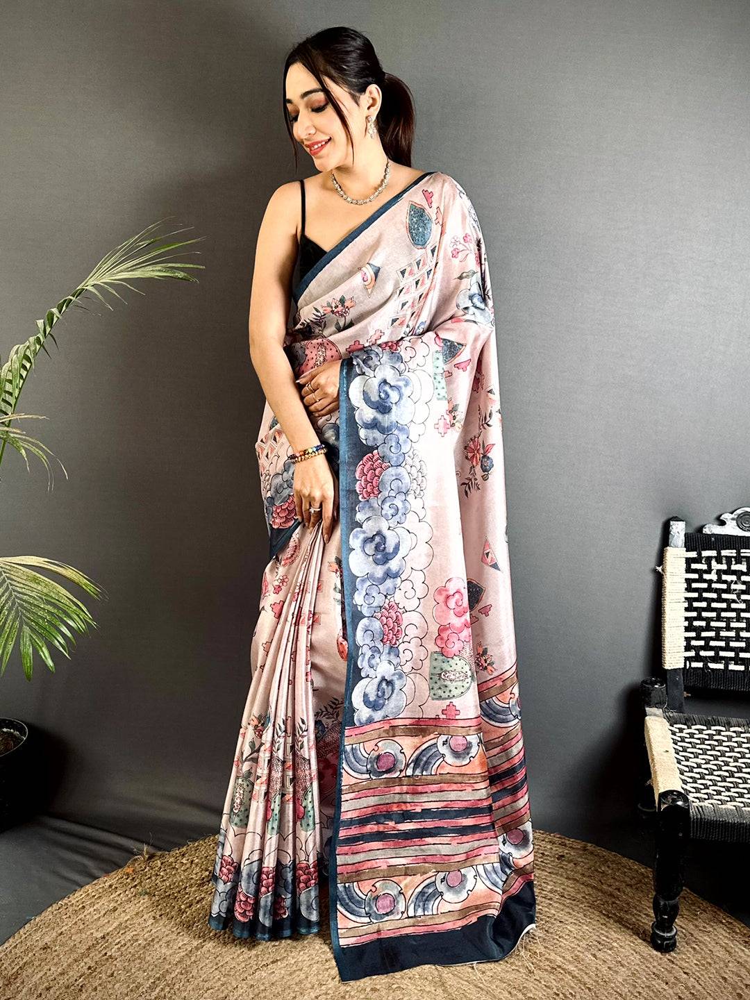 Traditional Floral Kalamkari Tussar Saree