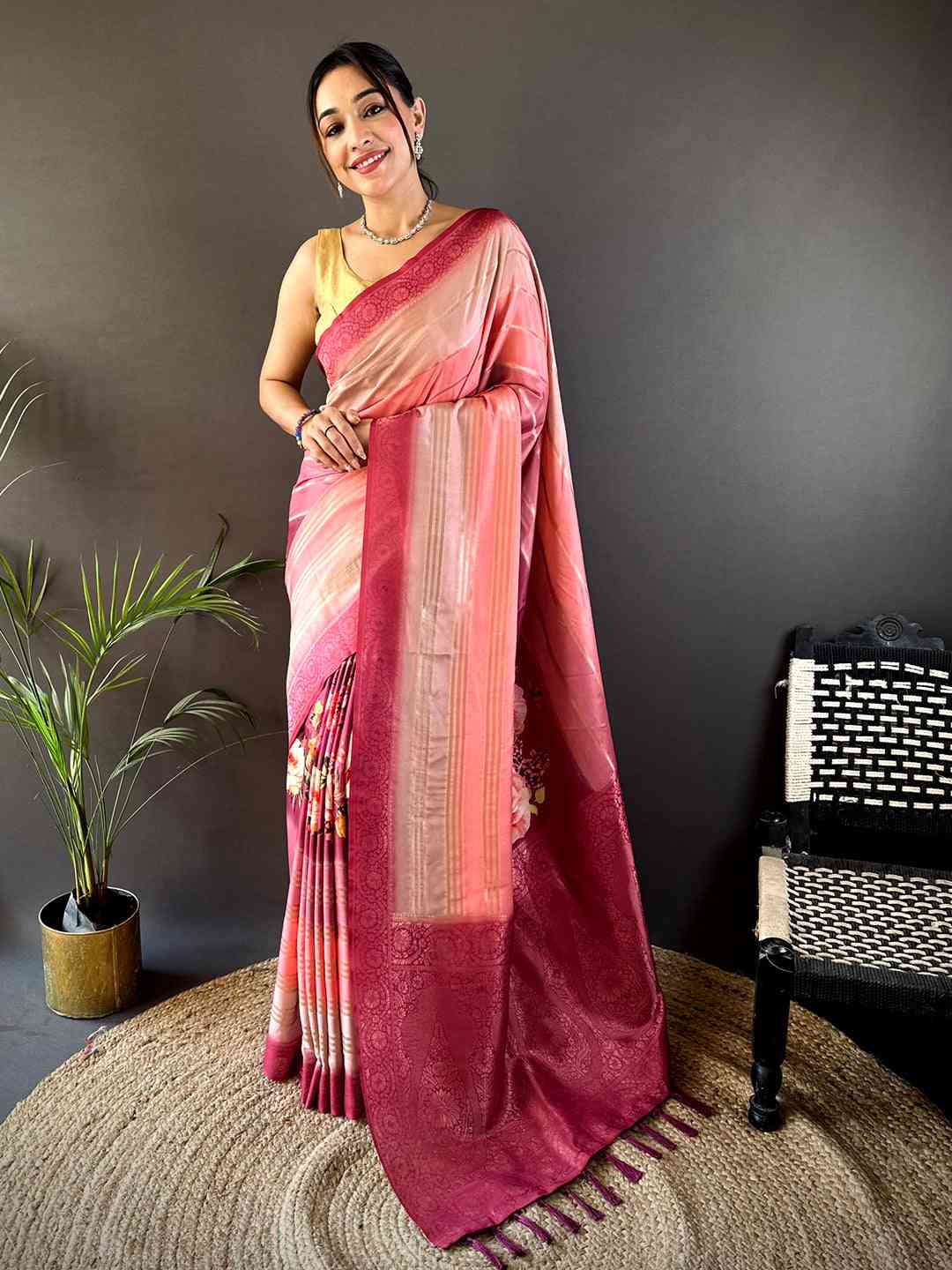 Coral Kalamkari Ombre Crepe Silk Saree