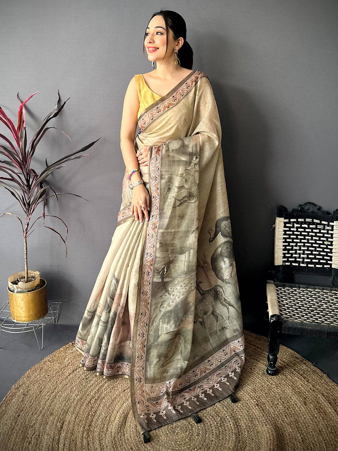 Classic Art Poster Pallu Kalamkari Linen Saree
