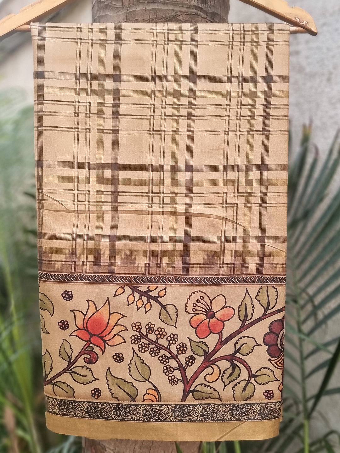 Tussar silk saree with chex and floral kalamkari design