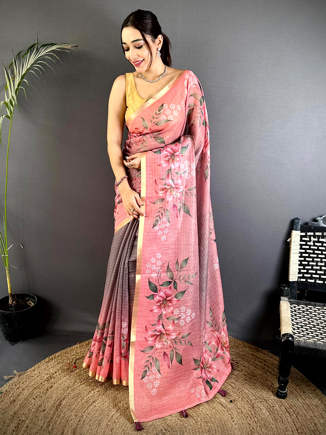 Heritage Soft Linen Gold Zari Floral Saree