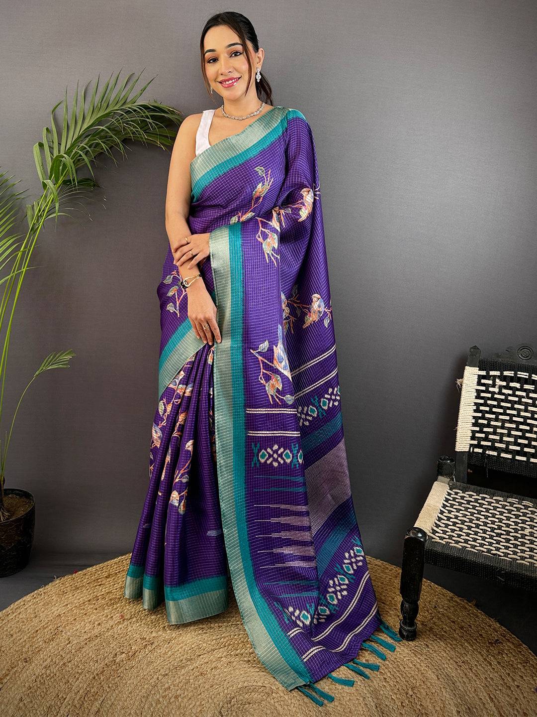 Purple Chanderi Check Sparrow Print Saree