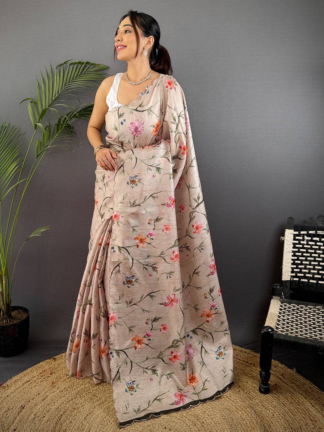 Beige Soft Kota Floral Print Saree