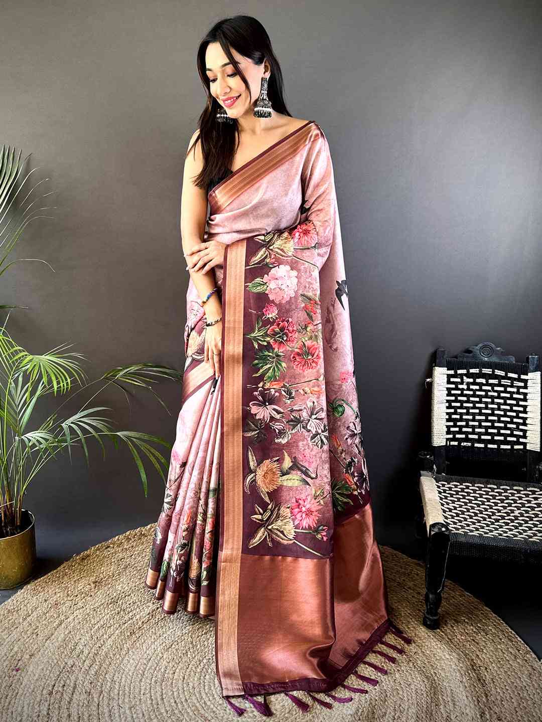 Rose Pink Floral Grace Soft Silk Tissue Saree