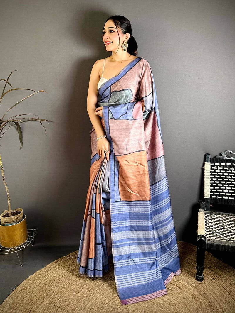 Vibrant Tussar Ghicha Block Print Saree