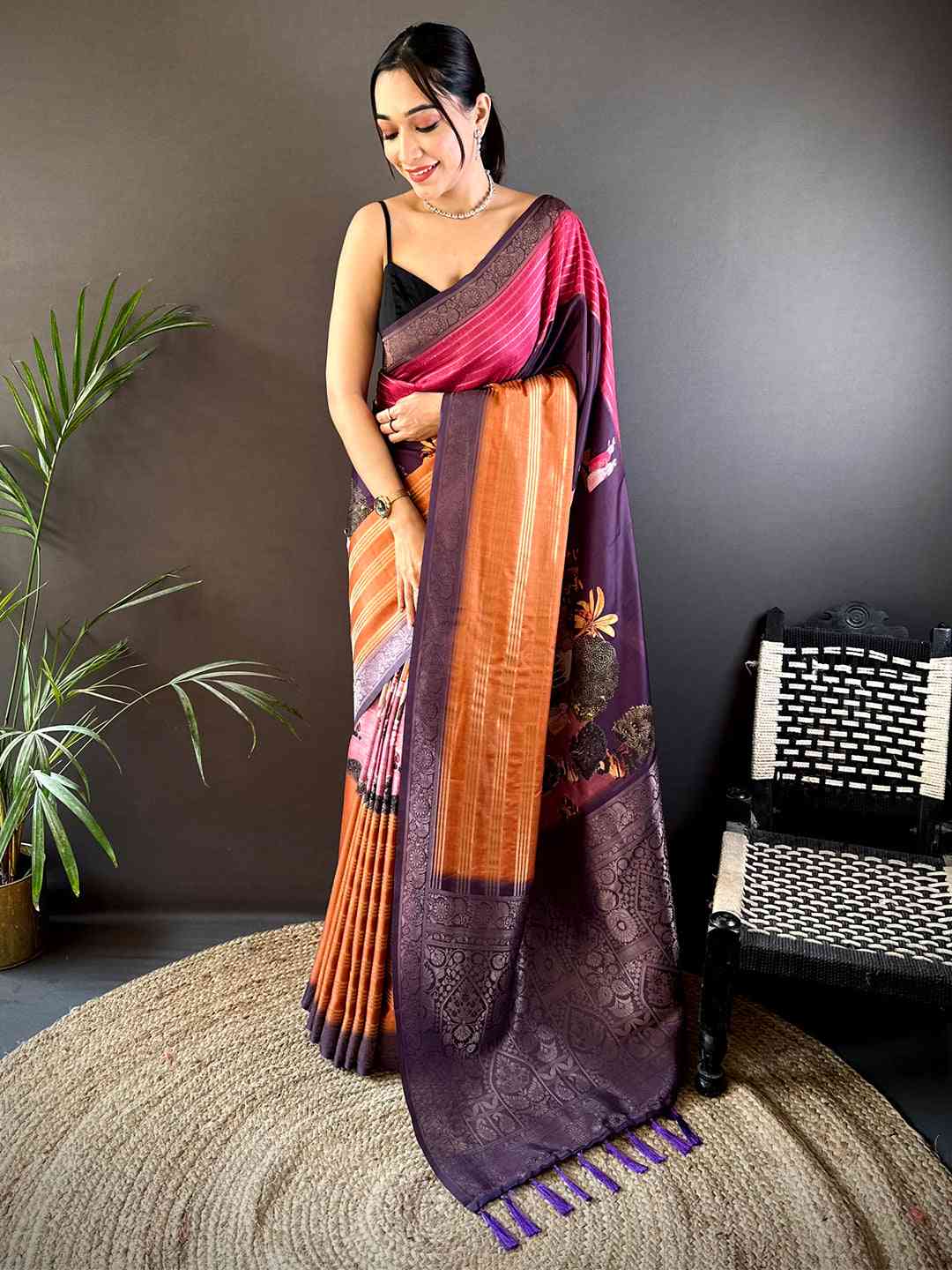 Dark Pink Soft Crepe Silk Digital Ombre Saree