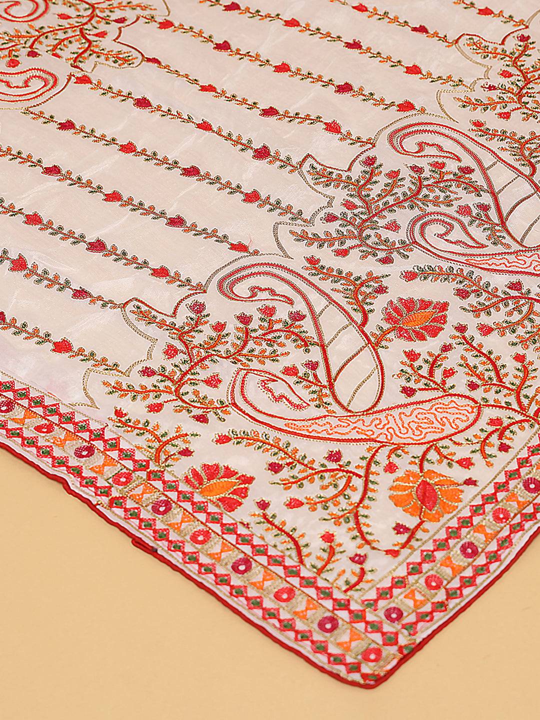 Close-up of Threadwork on White Chiffon Dupatta