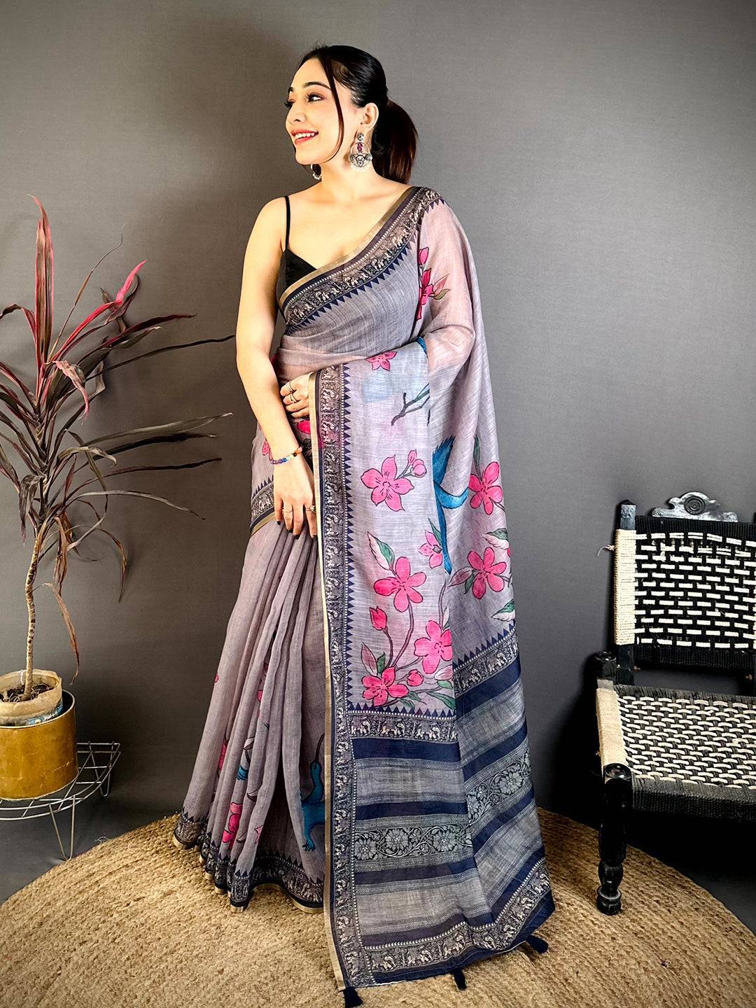 Artistic Linen Floral Kalamkari Saree