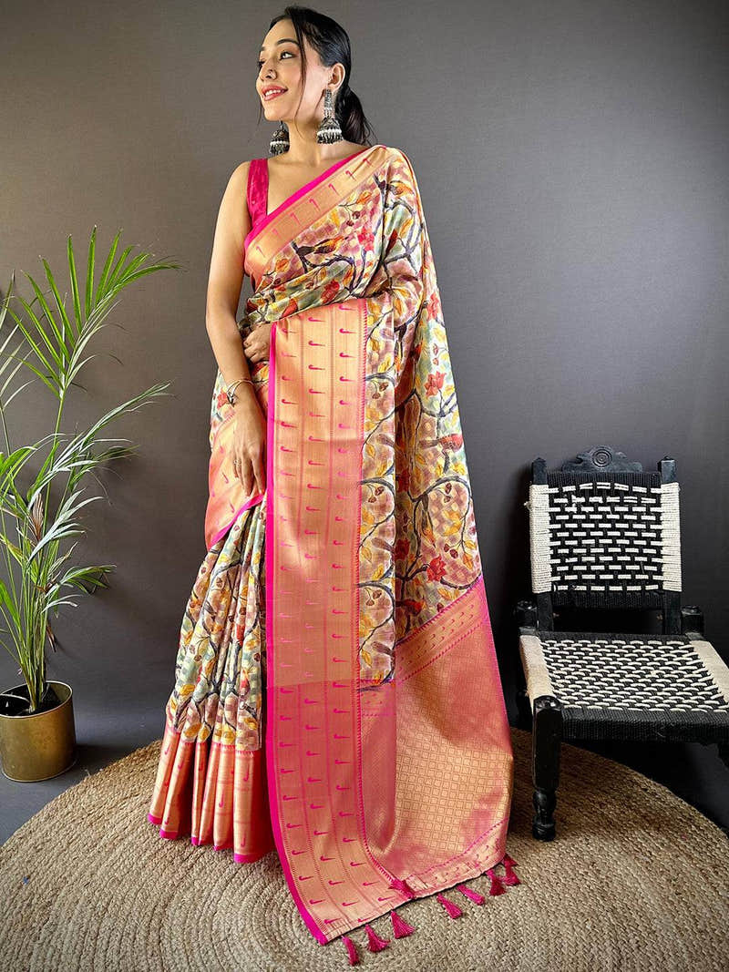 Cream Kalamkari Paithani Kora Silk Saree