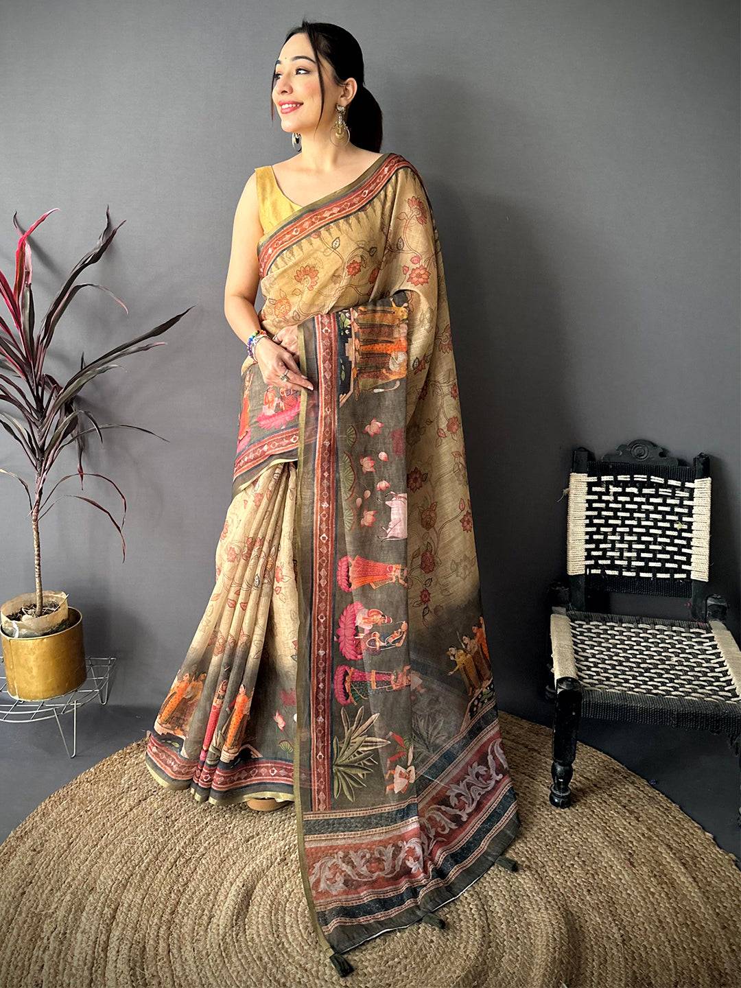 Artistic Pen Kalamkari Digital Linen Saree