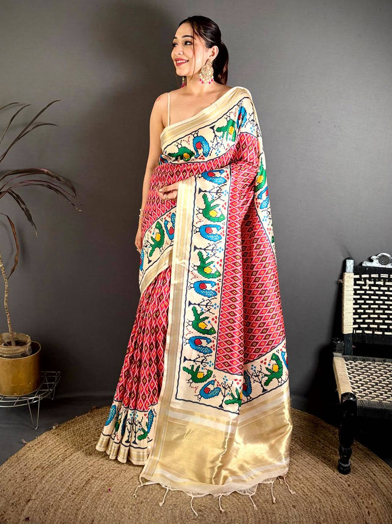Pink Soft Kanchi Silk Ikkat Patola Saree