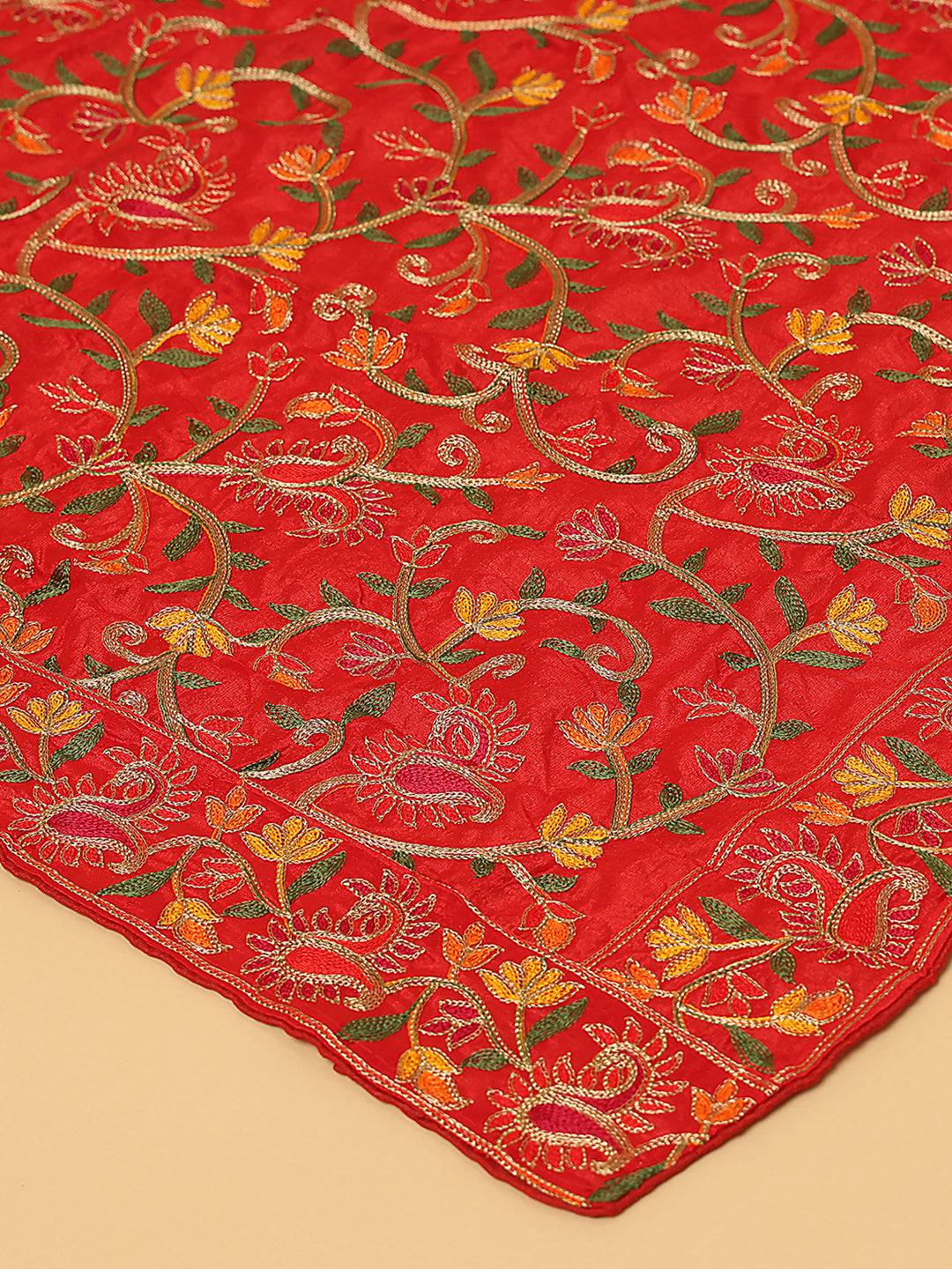 Close-up of red poly chiffon pashmina dupatta embroidery.