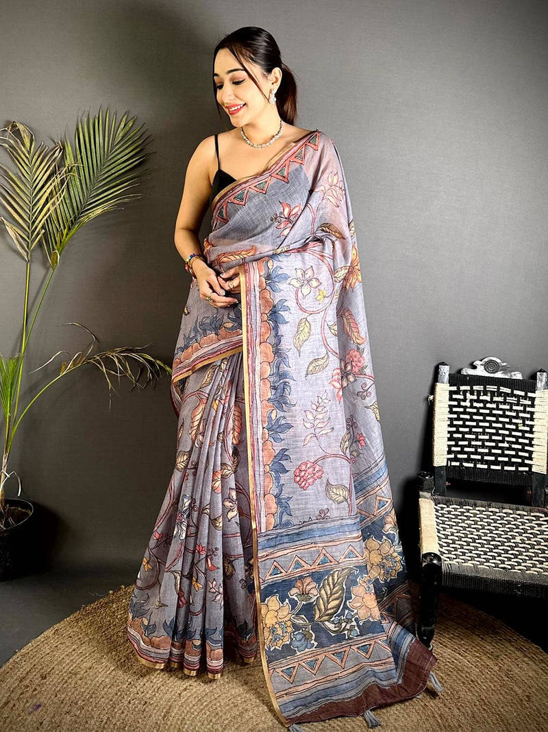 Graceful Floral Hand Art Linen Saree