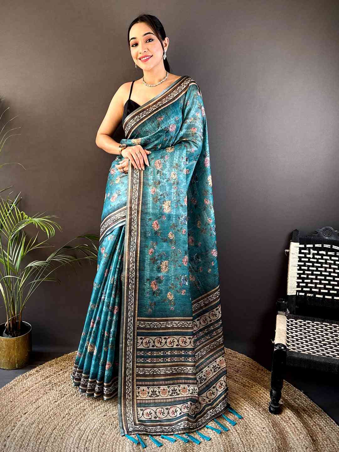 Teal Gold Zari Chanderi Phulkari Saree