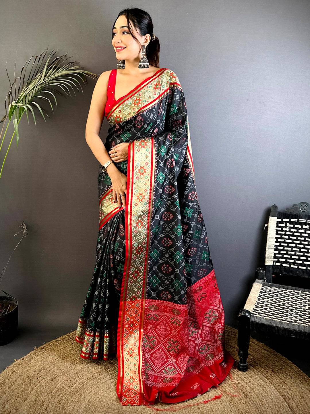 Black Pochampally Patola Soft Silk Saree