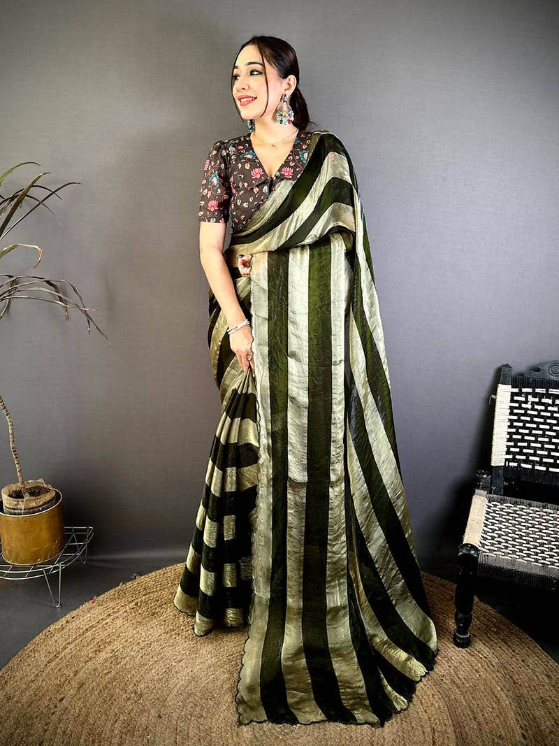 Opulent Shiny Silk Striped Print Saree