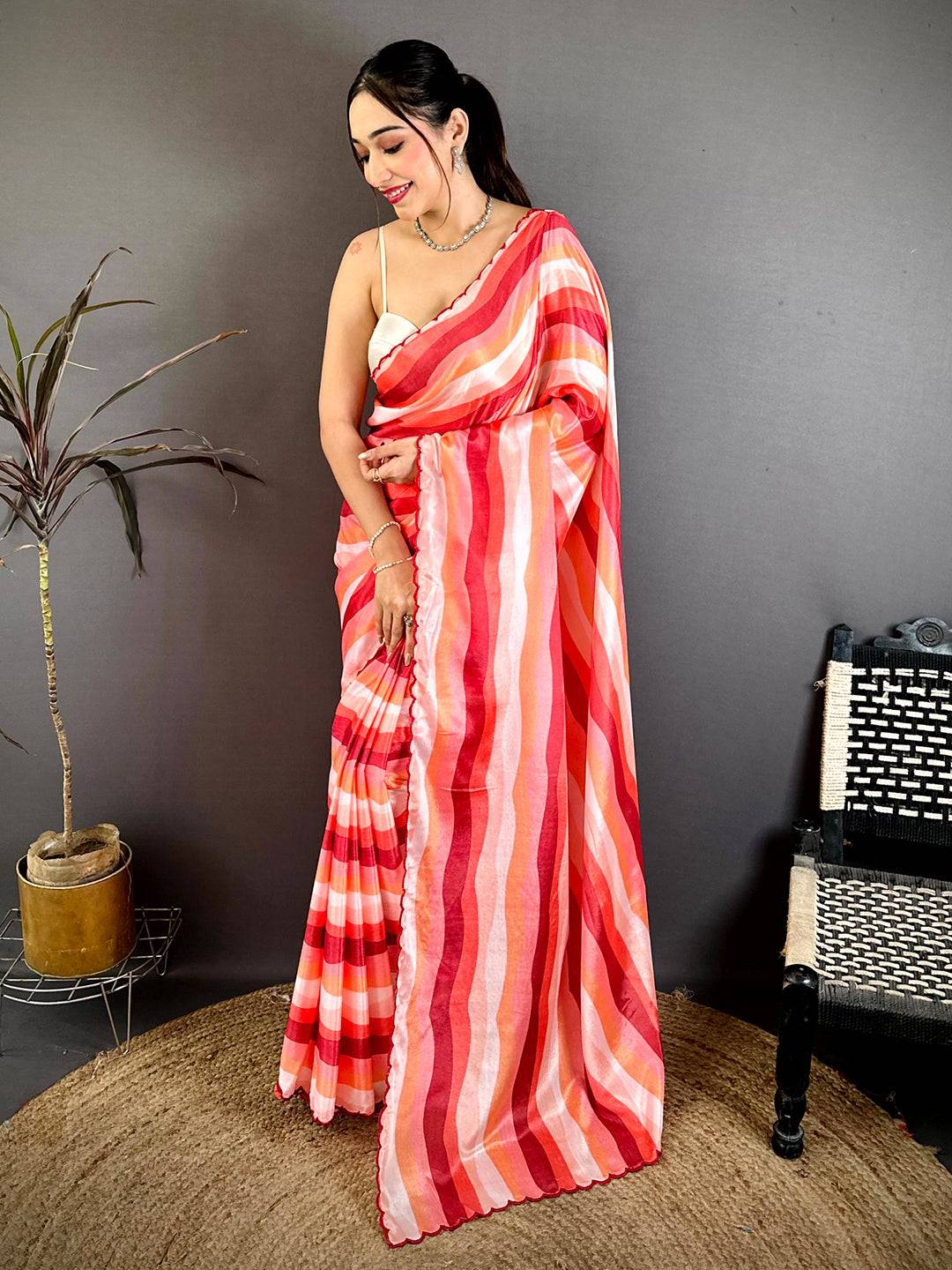 Royal Soft Chiffon Striped Cutwork Saree