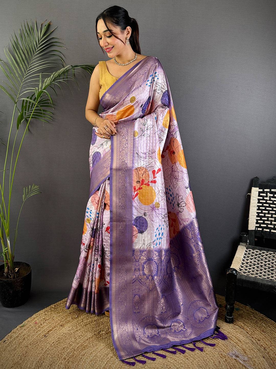 Lavender Freehand Design Gadwal Saree