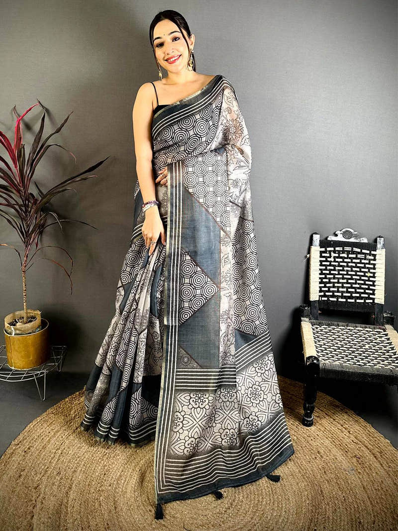 Radiance Ajrakh Print Linen Saree