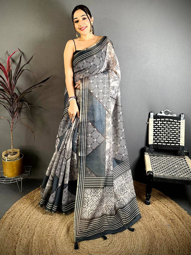 Radiance Ajrakh Print Linen Saree