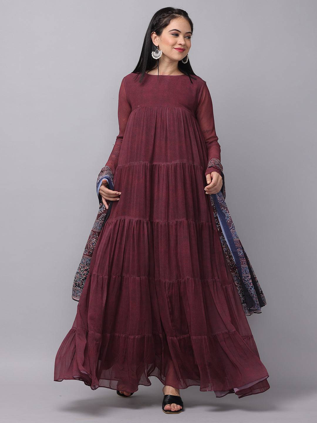 Mulberry round neck long dress with floral dupatta