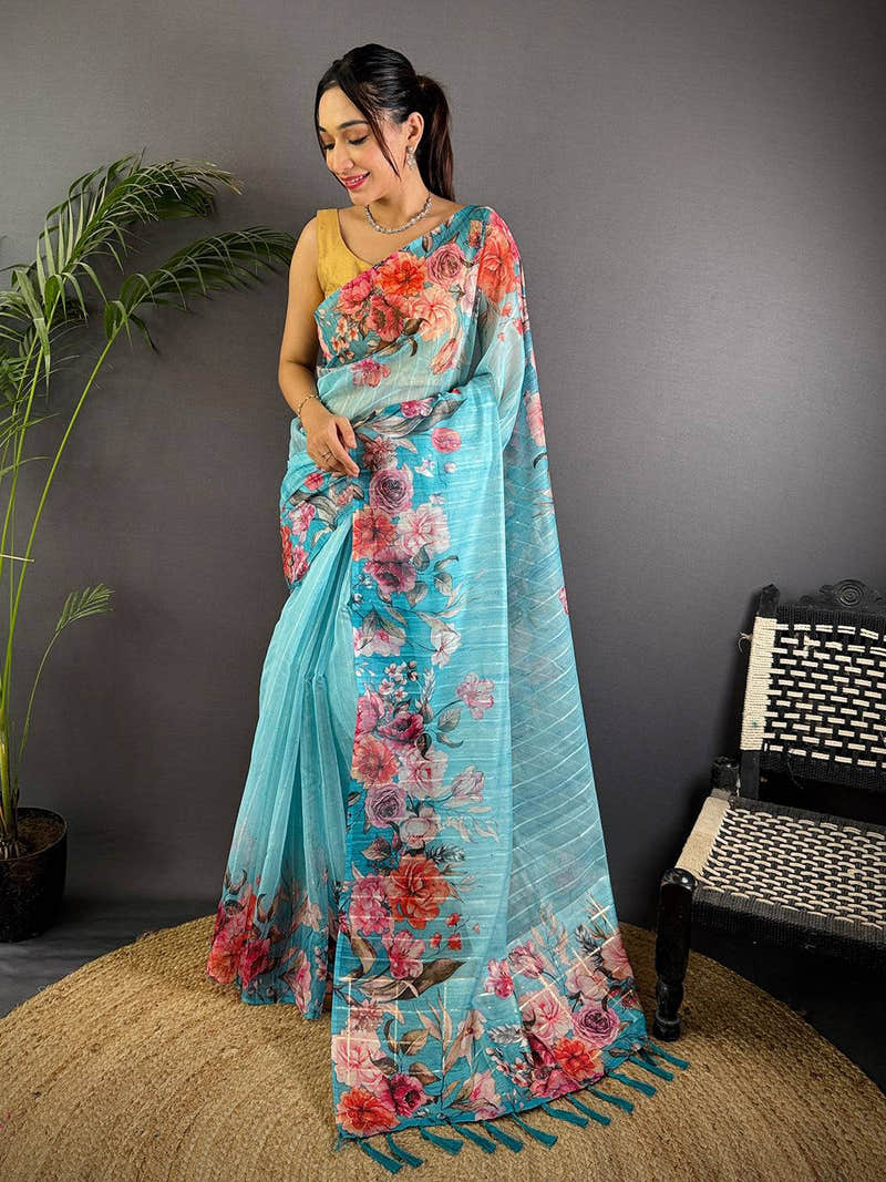 Sky Blue Soft Organza Digital Floral Saree