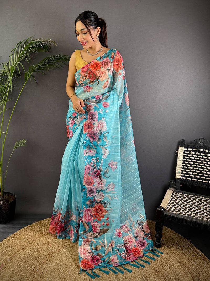 Sky Blue Soft Organza Digital Floral Saree