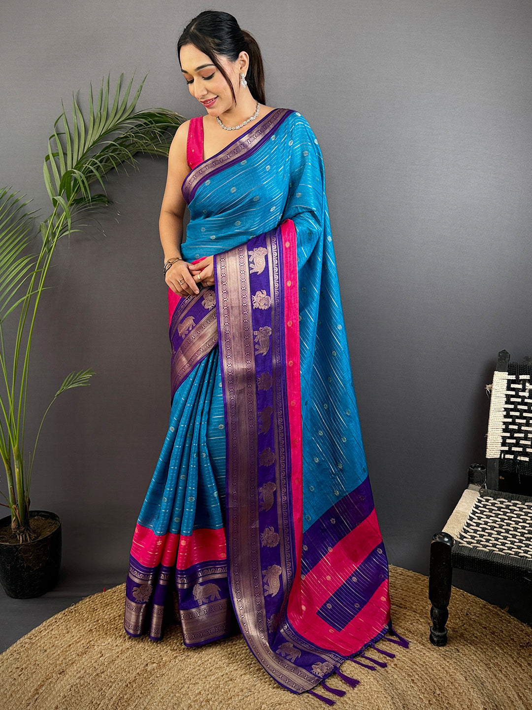 Sky Blue Soft Dola Silk Striped Print Saree
