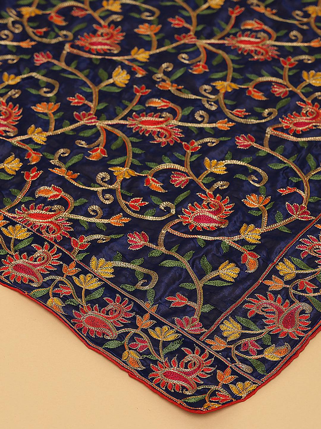 Close-up of navy poly chiffon pashmina dupatta embroidery.