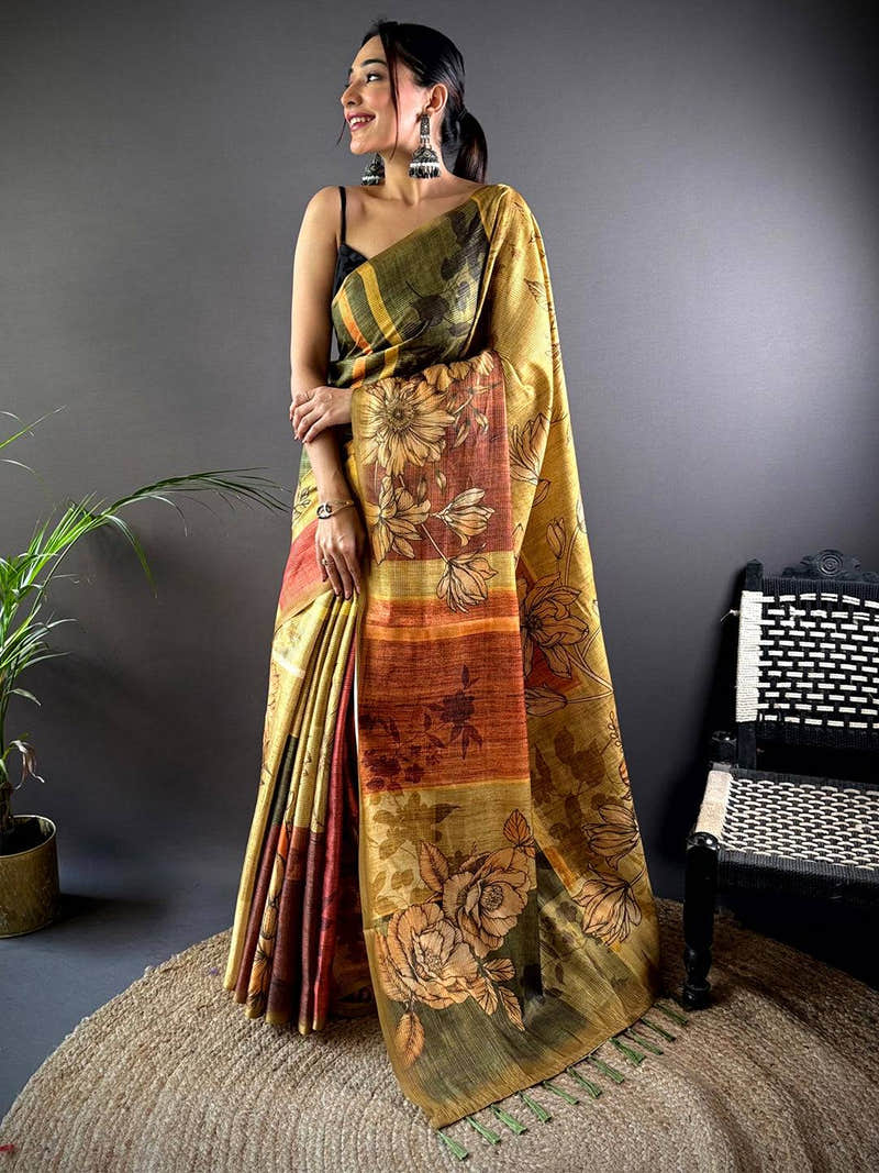 Mehndi Green Semi Gold Zari Tussar Saree