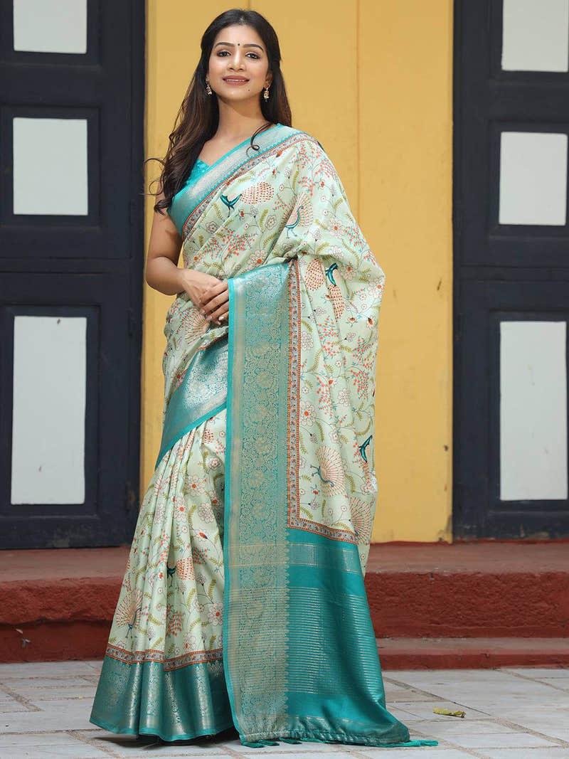 Pista Hand Kalamkari Printed Viscose Dola Silk Saree - Luxe