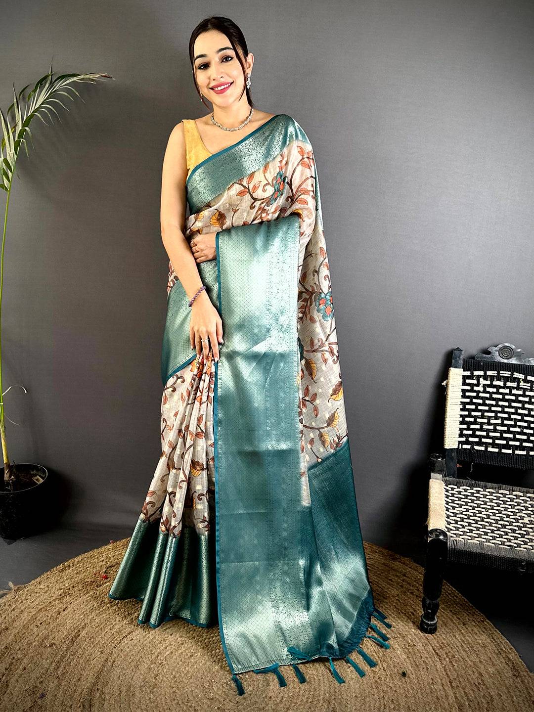 Bloom Kota Doriya Kalamkari Printed Saree