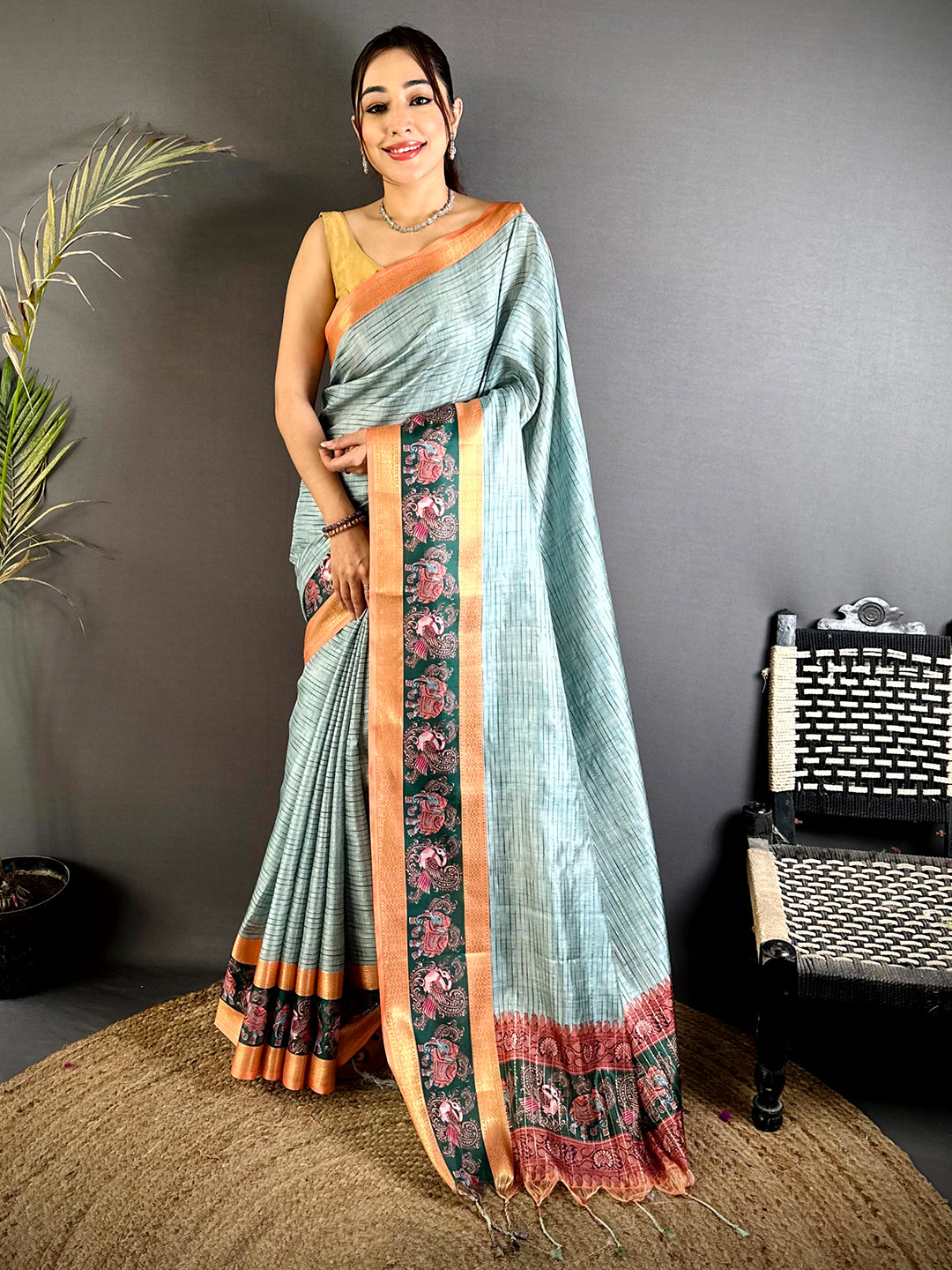 Sage Green Tanjore Print Silk Saree