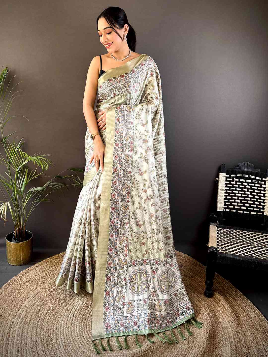 Sage Green Chanderi Madhubani Black Chex Saree