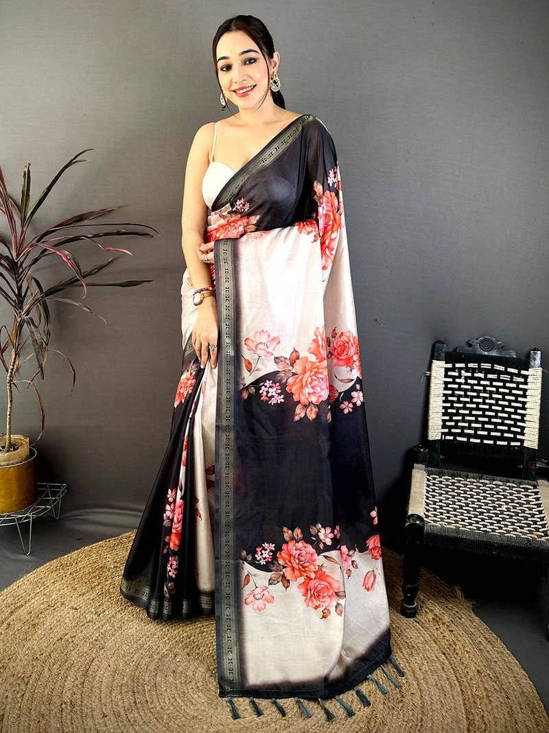 Black Soft Silk Floral Lehriya Print Saree