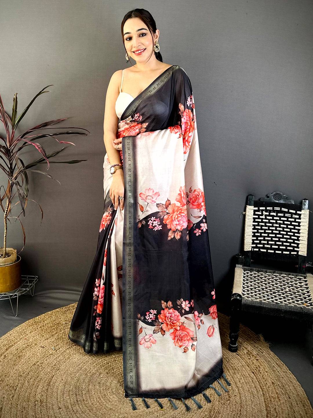 Black Soft Silk Floral Lehriya Print Saree