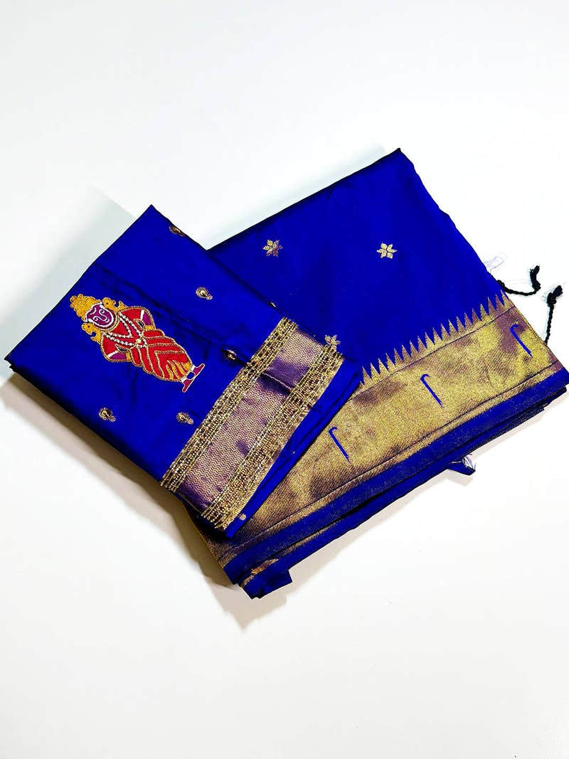 Royal Blue Gold Zari Soft Silk Saree With Maggam Blouse