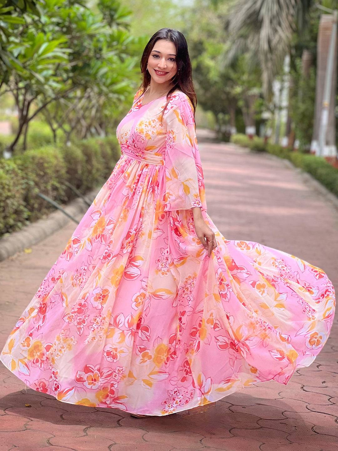 Flowy peach abstract dress with bell sleeves