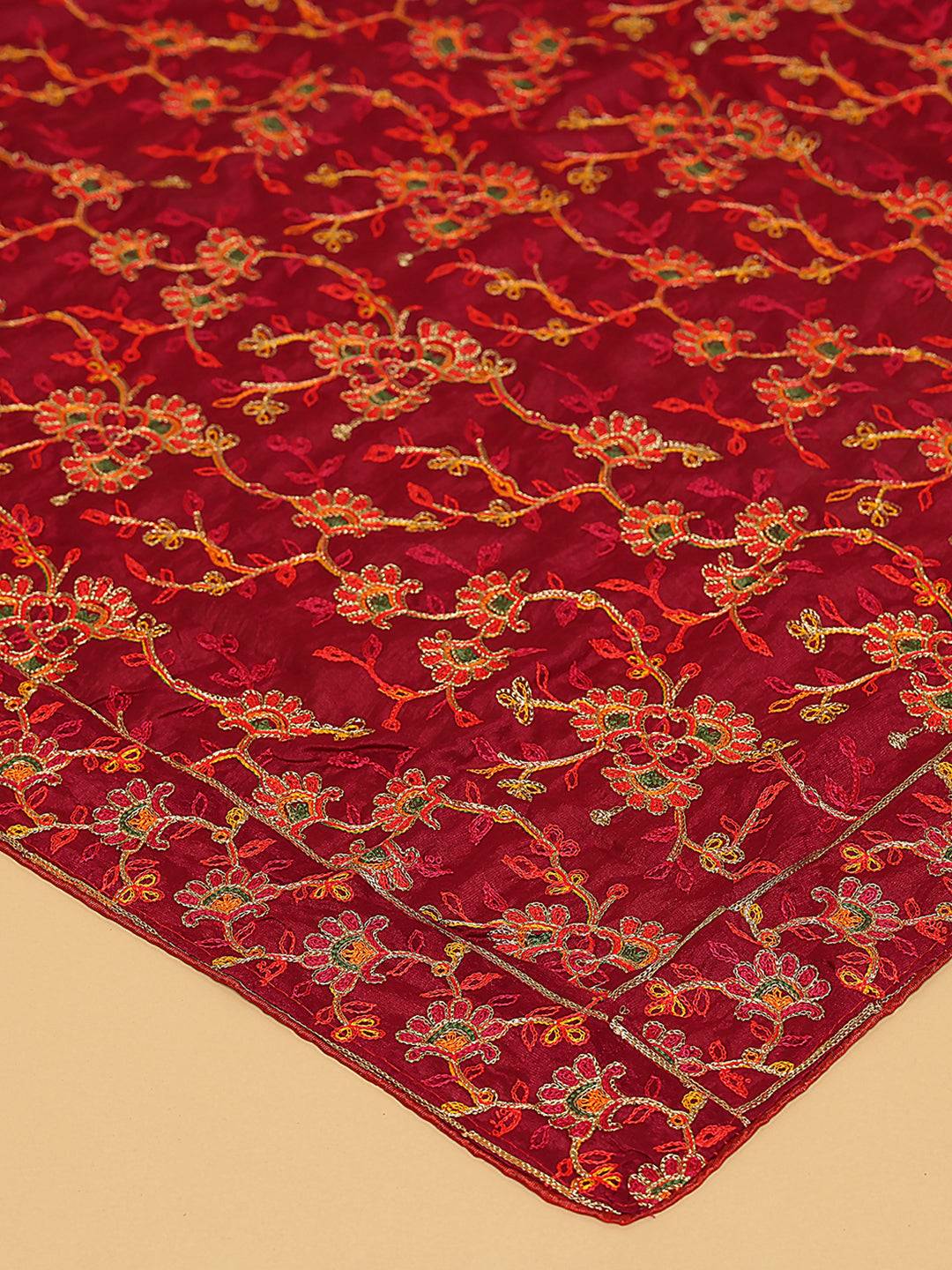 Close-up of wine color pashmina threadwork embroidery