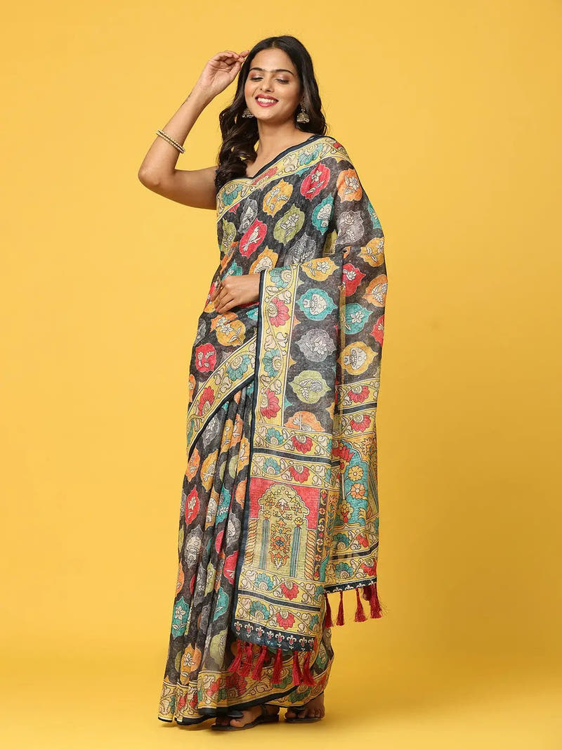 Soft Linen Kalamkari Block Print With Sequin Border